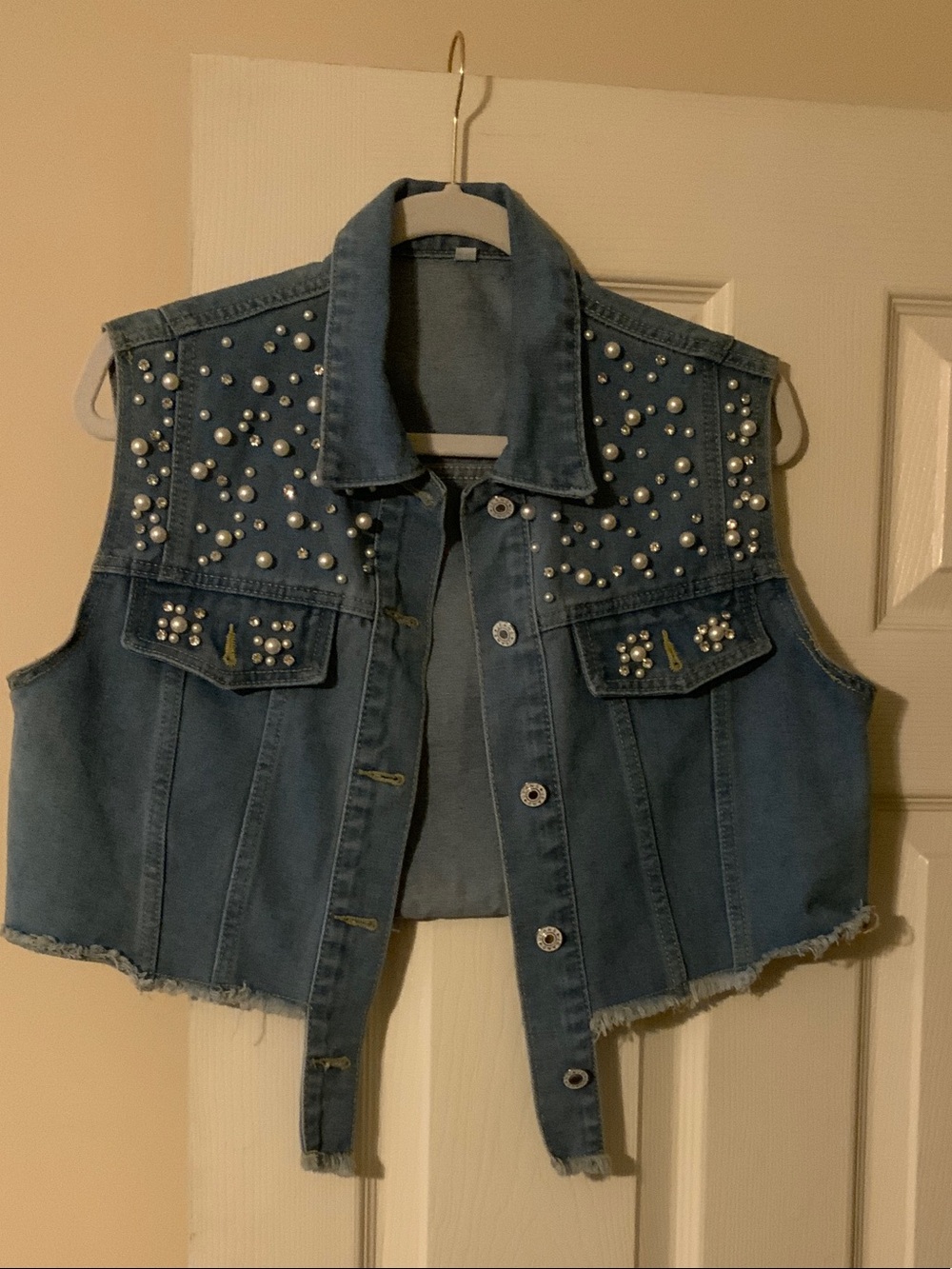 Pearl-Embellished Blue Denim Vest - Women